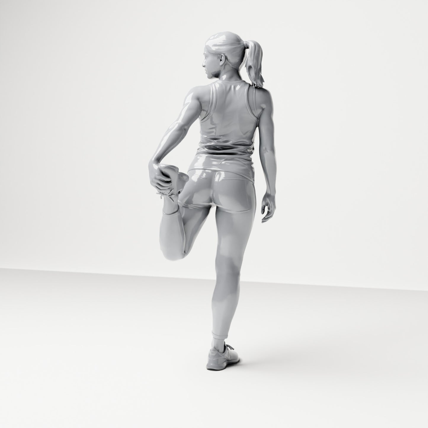 Diorama Modellbau Produktfoto 2: Stehende Figur: Sportler in Dehnpose, hält den Fuß hinter dem Körper (B040)