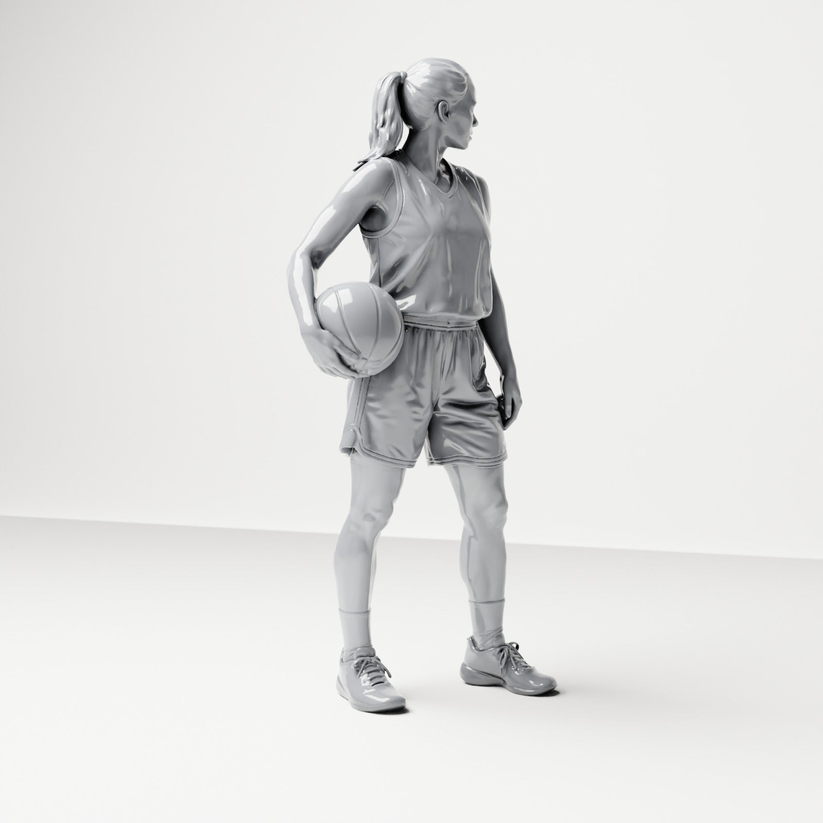 Diorama Modellbau Produktfoto 3: Stehende Figur: Basketballspielerin mit Ball an der Hüfte (B042)