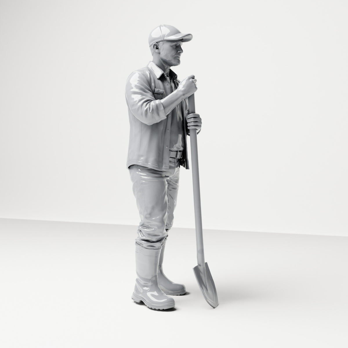 Diorama Modellbau Produktfoto 3: Stehende Figur: Bauarbeiter mit langstieliger Schaufel (B045)