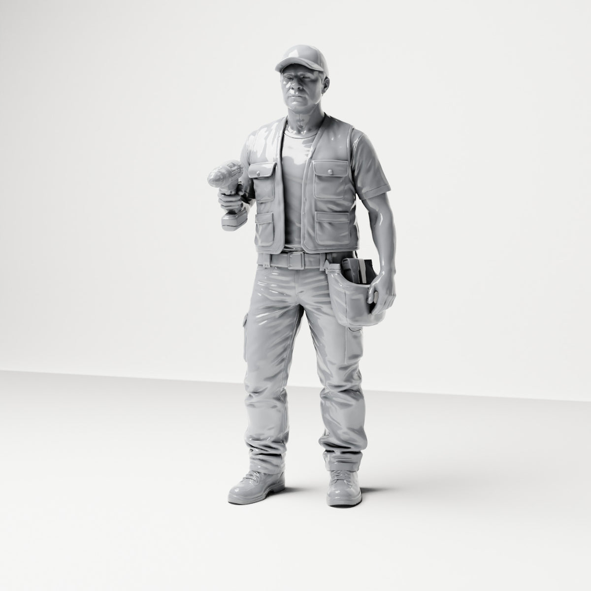 Diorama Modellbau Produktfoto 0: Stehende Figur: Handwerker mit Werkzeugtasche & Akkuschrauber (B046)