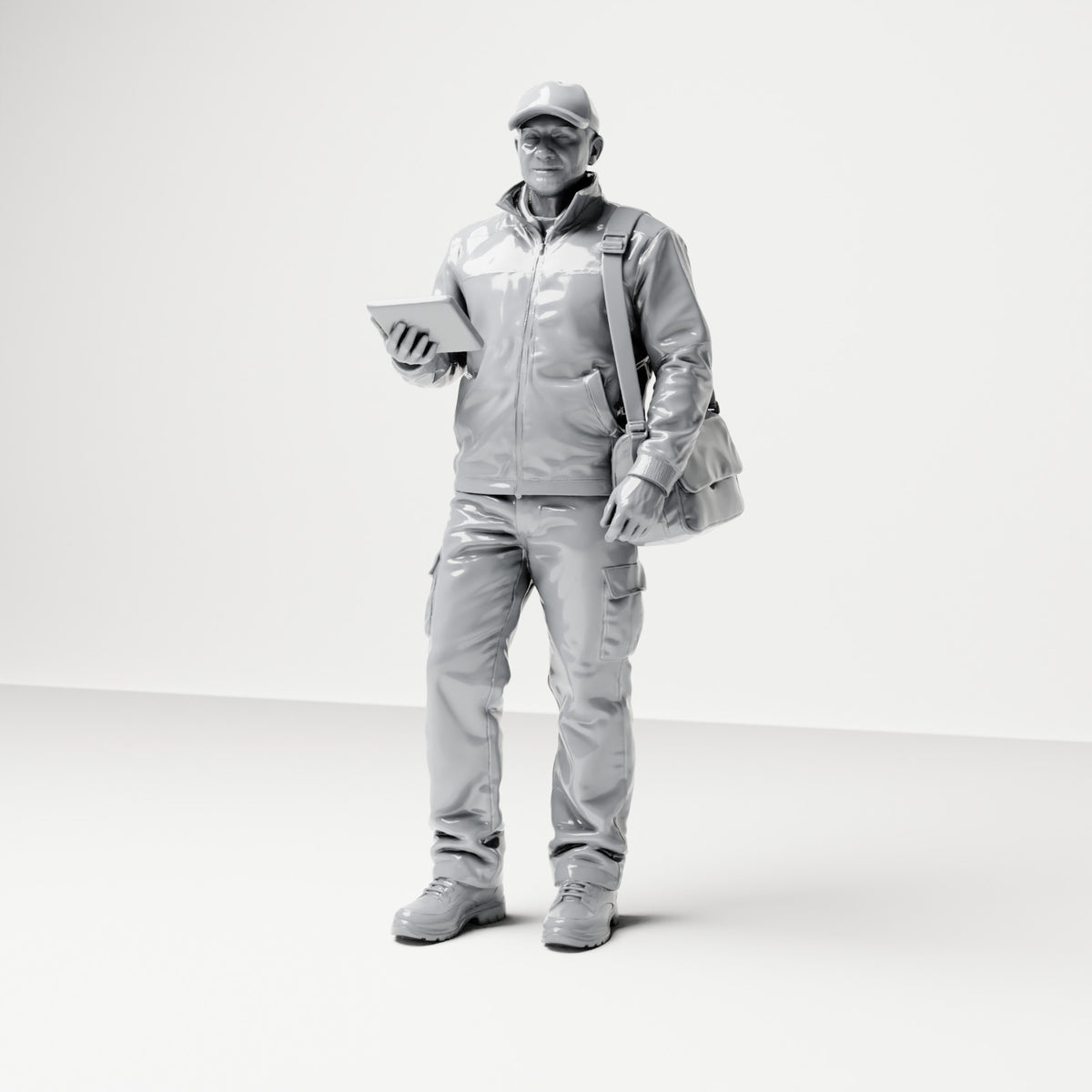 Diorama Modellbau Produktfoto 0: Stehende Figur: Paketbote mit Kappe, Umhängetasche & Handgerät (B048)