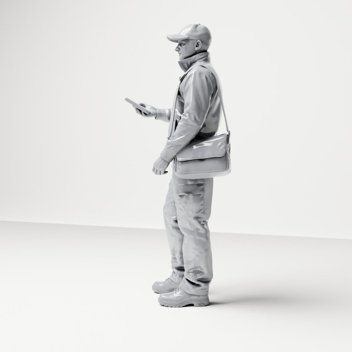Diorama Modellbau Produktfoto 1: Stehende Figur: Paketbote mit Kappe, Umhängetasche & Handgerät (B048)