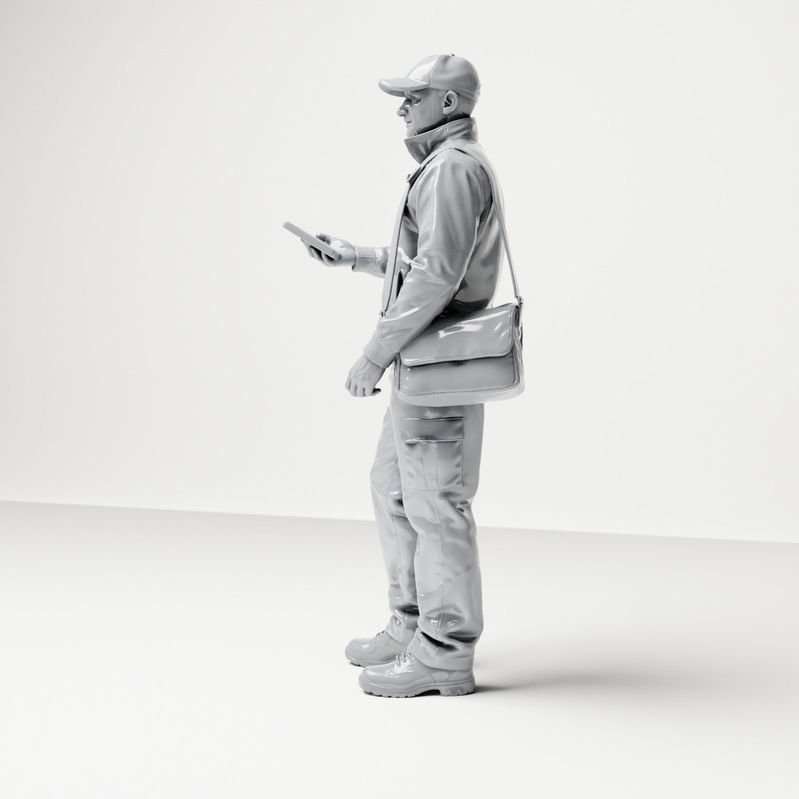Diorama Modellbau Produktfoto 1: Stehende Figur: Paketbote mit Kappe, Umhängetasche & Handgerät (B048)
