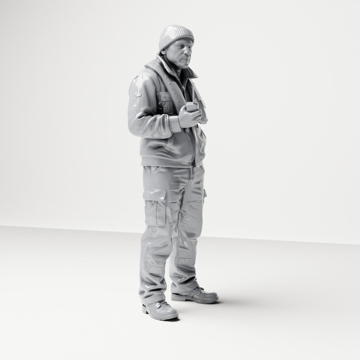 Diorama Modellbau Produktfoto 3: Stehende Figur: Schiffsbesatzung mit Mütze, Schwimmweste & Funkgerät (B053)