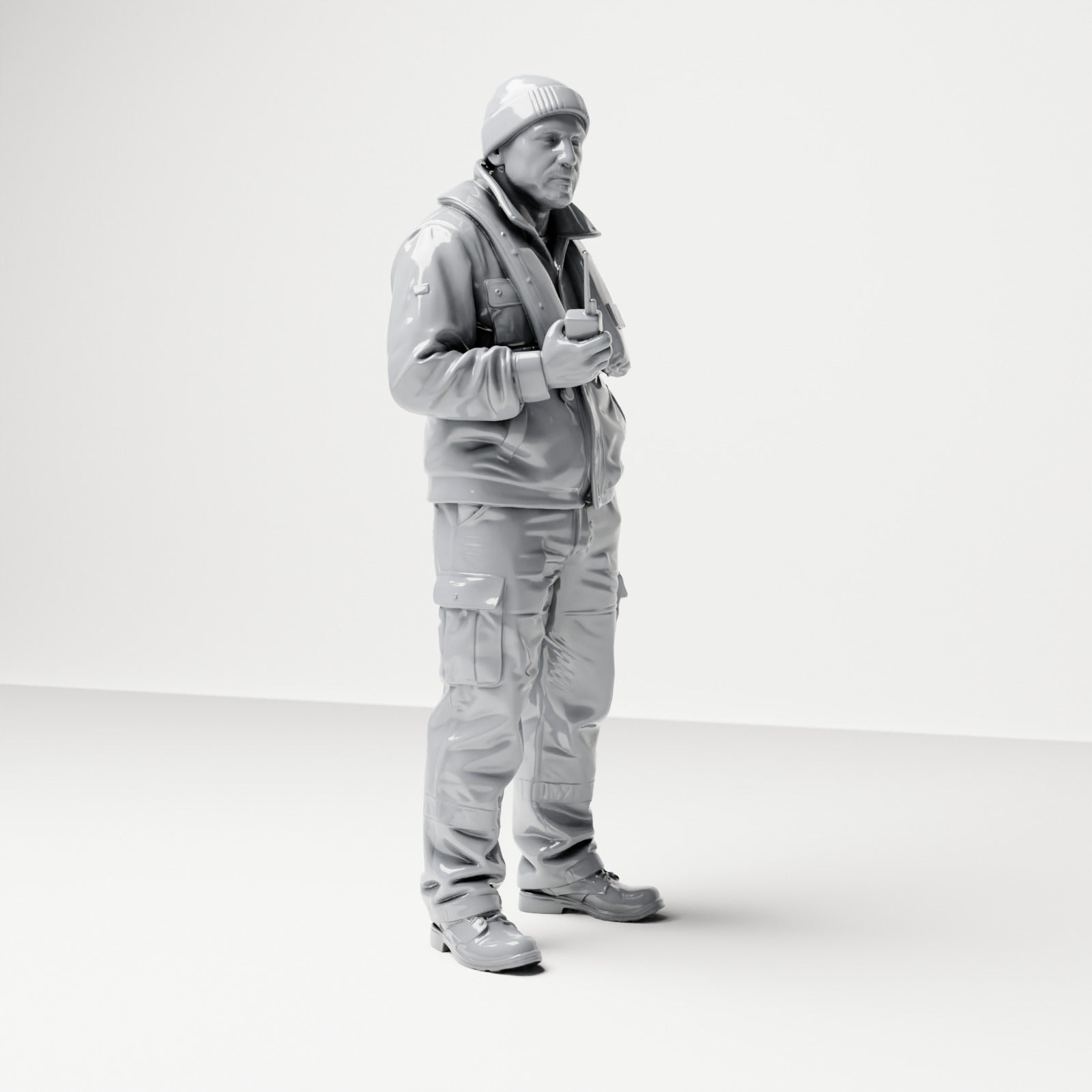 Diorama Modellbau Produktfoto 3: Stehende Figur: Schiffsbesatzung mit Mütze, Schwimmweste & Funkgerät (B053)