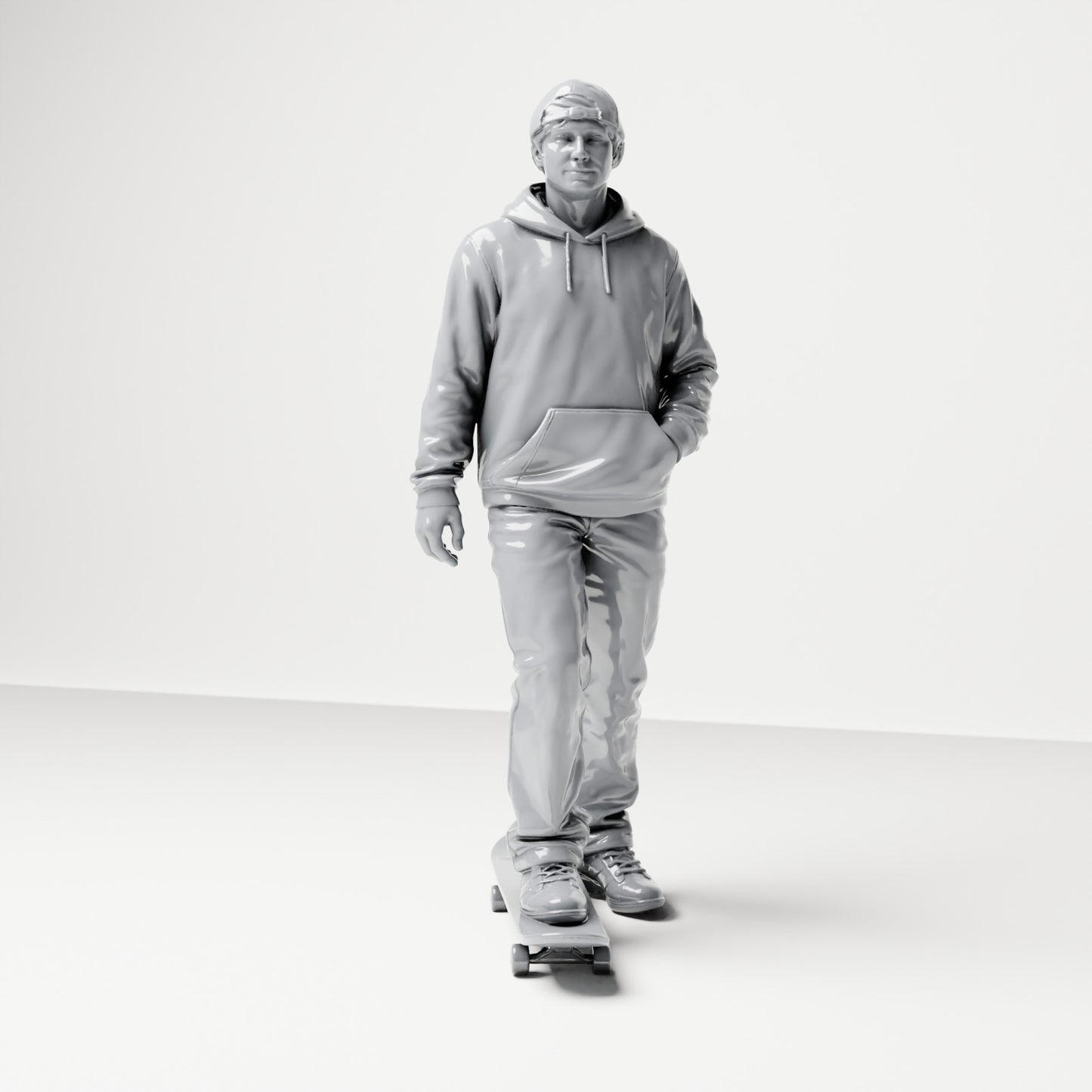 Diorama Modellbau Produktfoto 0: Stehende Figur: Skater mit Kappe, Kapuzenpullover & Skateboard (B054)