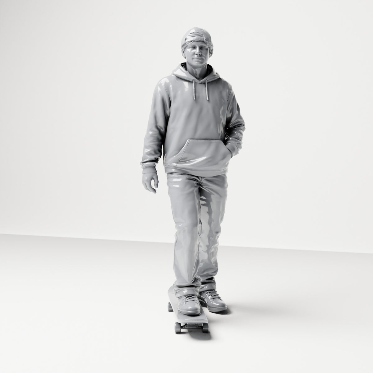Diorama Modellbau Produktfoto 0: Stehende Figur: Skater mit Kappe, Kapuzenpullover & Skateboard (B054)