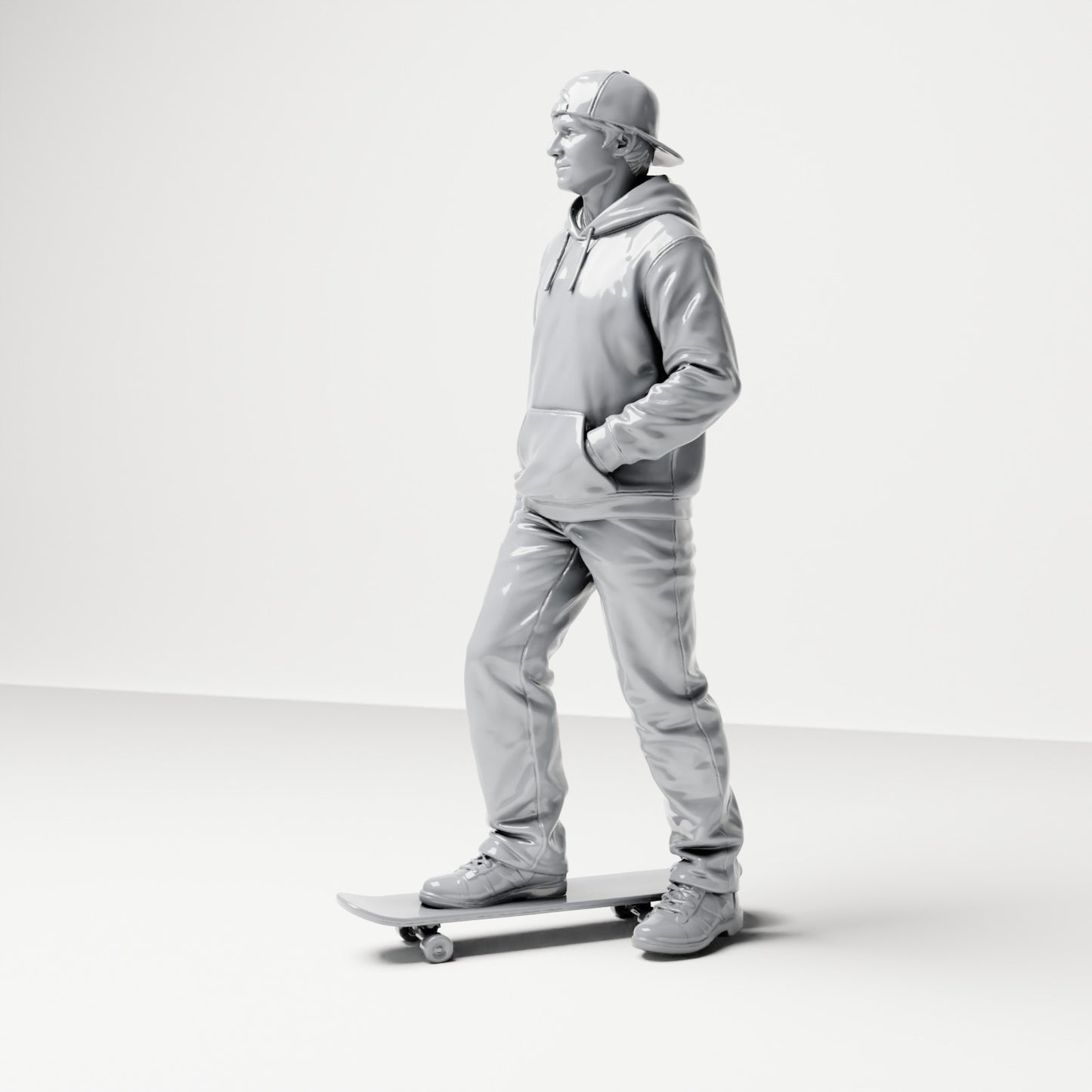 Diorama Modellbau Produktfoto 1: Stehende Figur: Skater mit Kappe, Kapuzenpullover & Skateboard (B054)