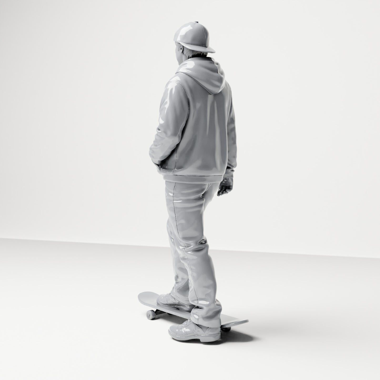 Diorama Modellbau Produktfoto 2: Stehende Figur: Skater mit Kappe, Kapuzenpullover & Skateboard (B054)