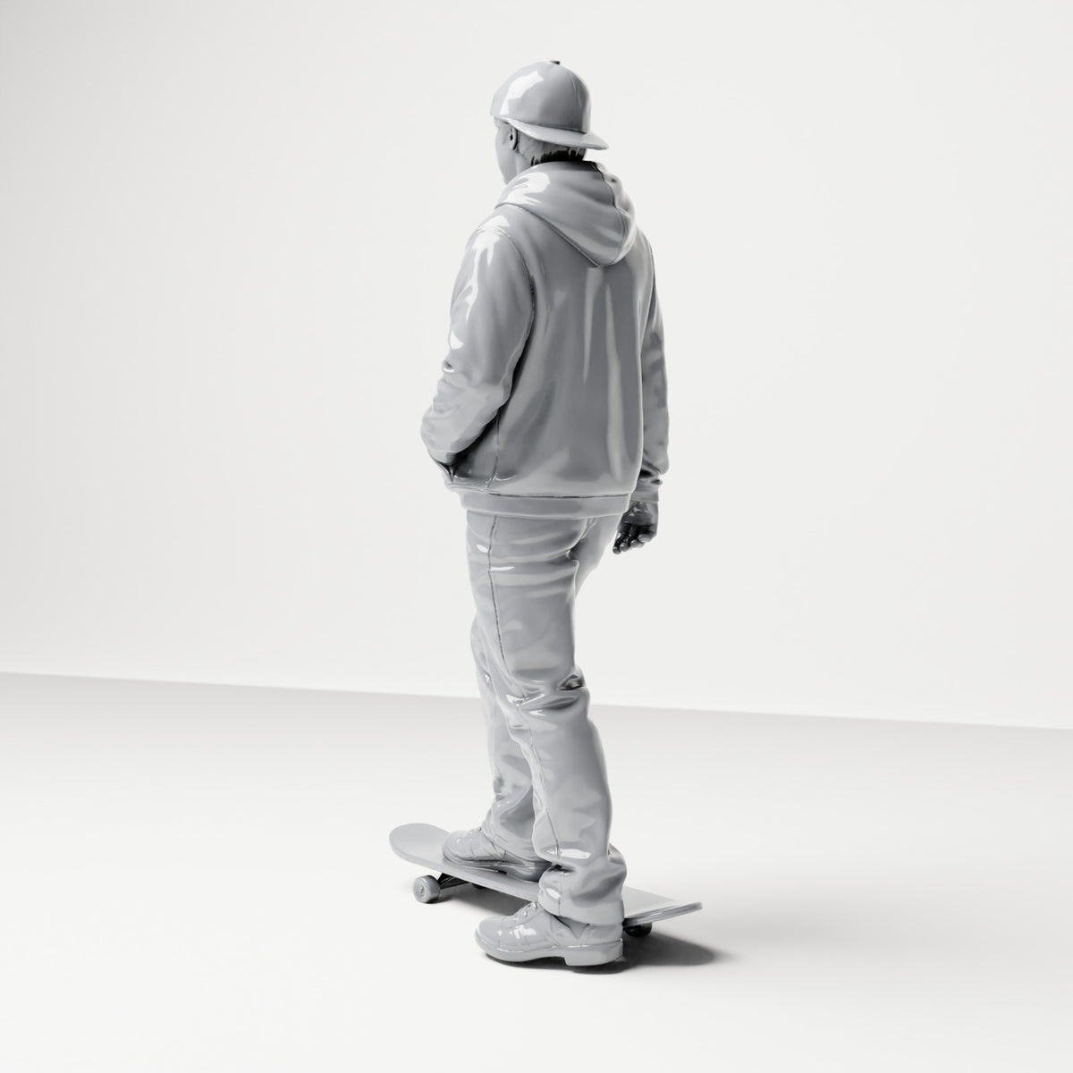 Diorama Modellbau Produktfoto 2: Stehende Figur: Skater mit Kappe, Kapuzenpullover & Skateboard (B054)