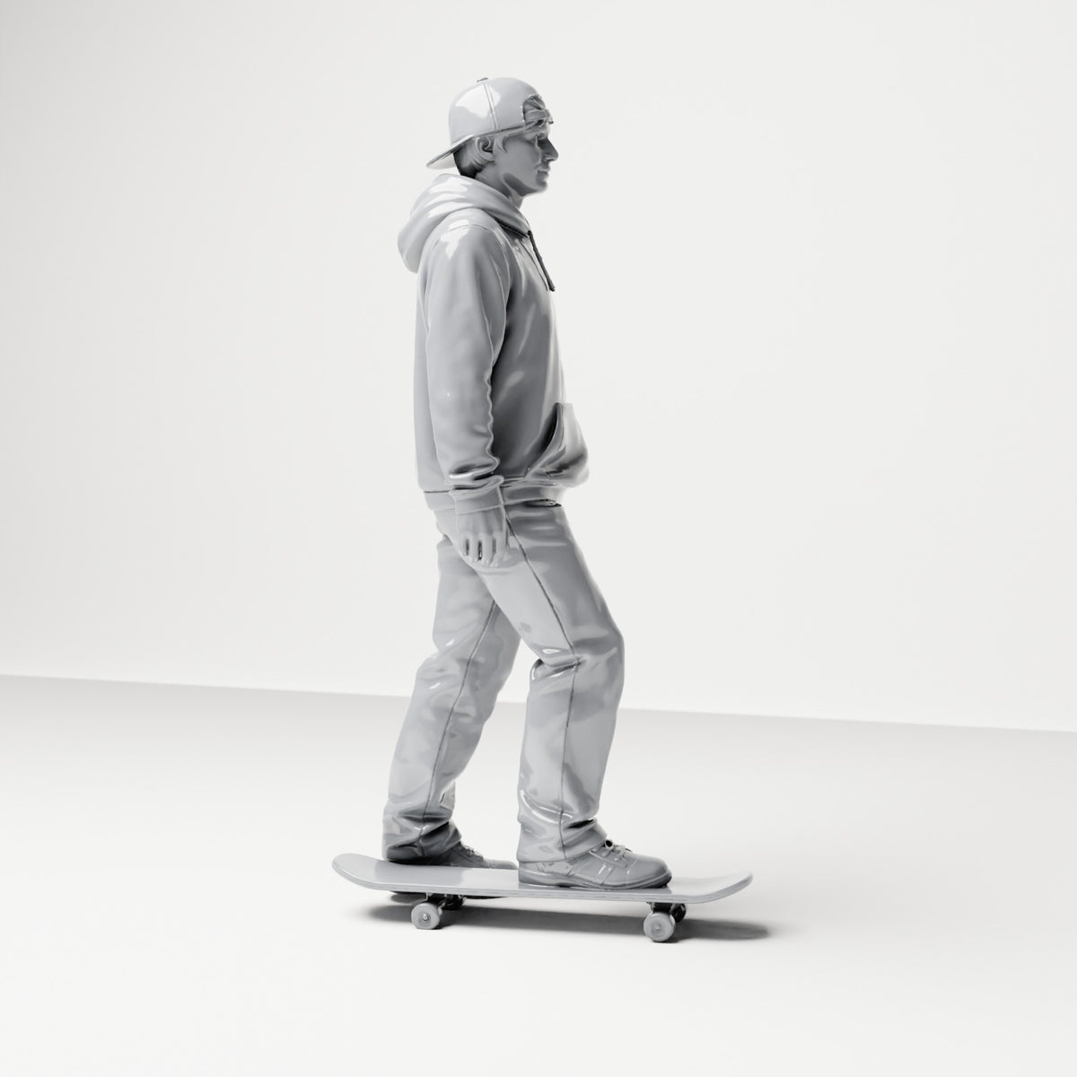 Diorama Modellbau Produktfoto 3: Stehende Figur: Skater mit Kappe, Kapuzenpullover & Skateboard (B054)