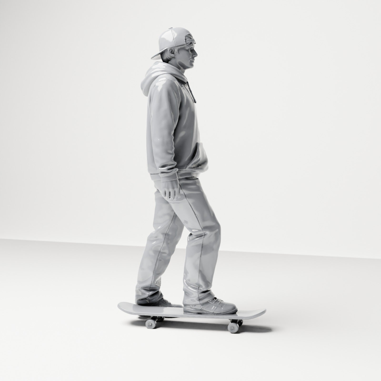 Diorama Modellbau Produktfoto 3: Stehende Figur: Skater mit Kappe, Kapuzenpullover & Skateboard (B054)