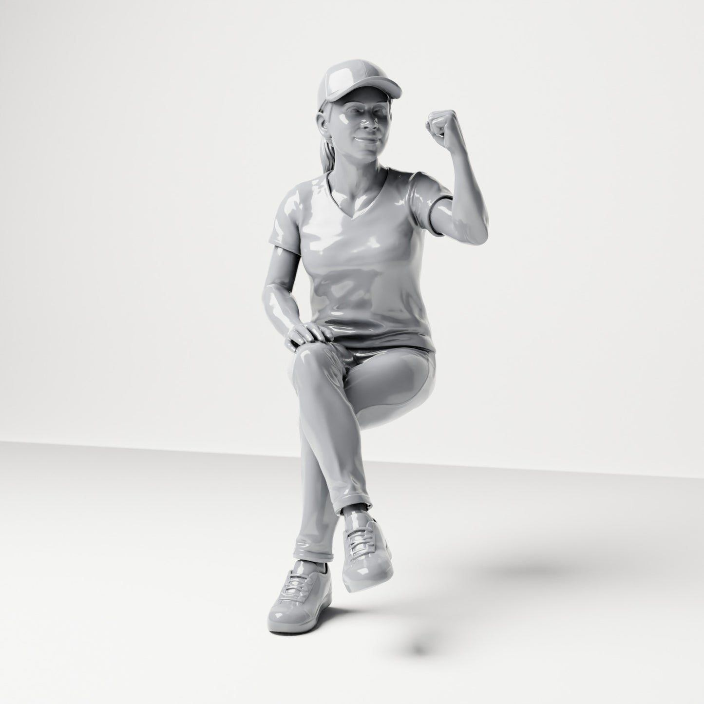 Diorama Modellbau Produktfoto 0: Sitzende Figur: Zuschauerin mit gekreuzten Beinen & erhobener Faust (B057)