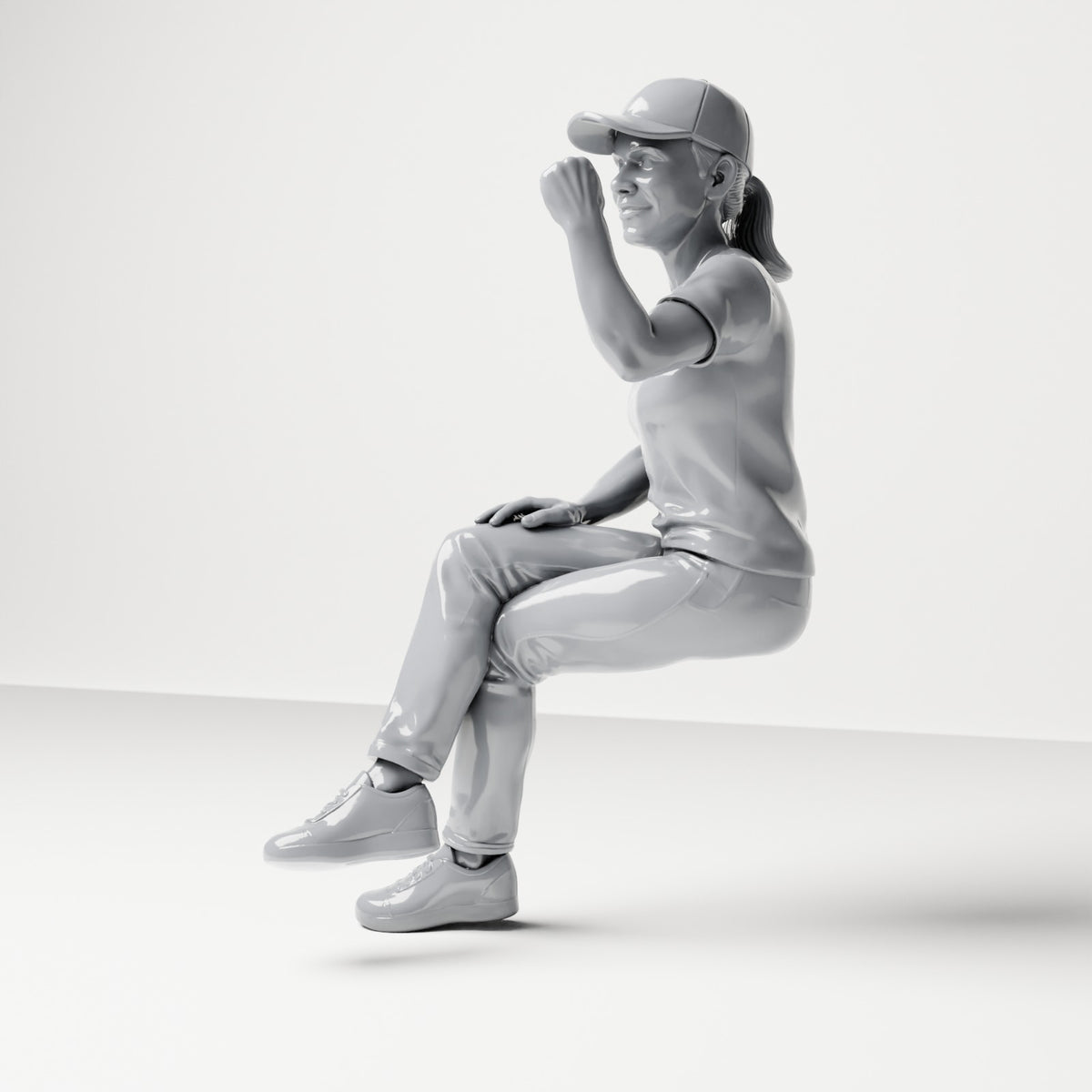 Diorama Modellbau Produktfoto 1: Sitzende Figur: Zuschauerin mit gekreuzten Beinen & erhobener Faust (B057)