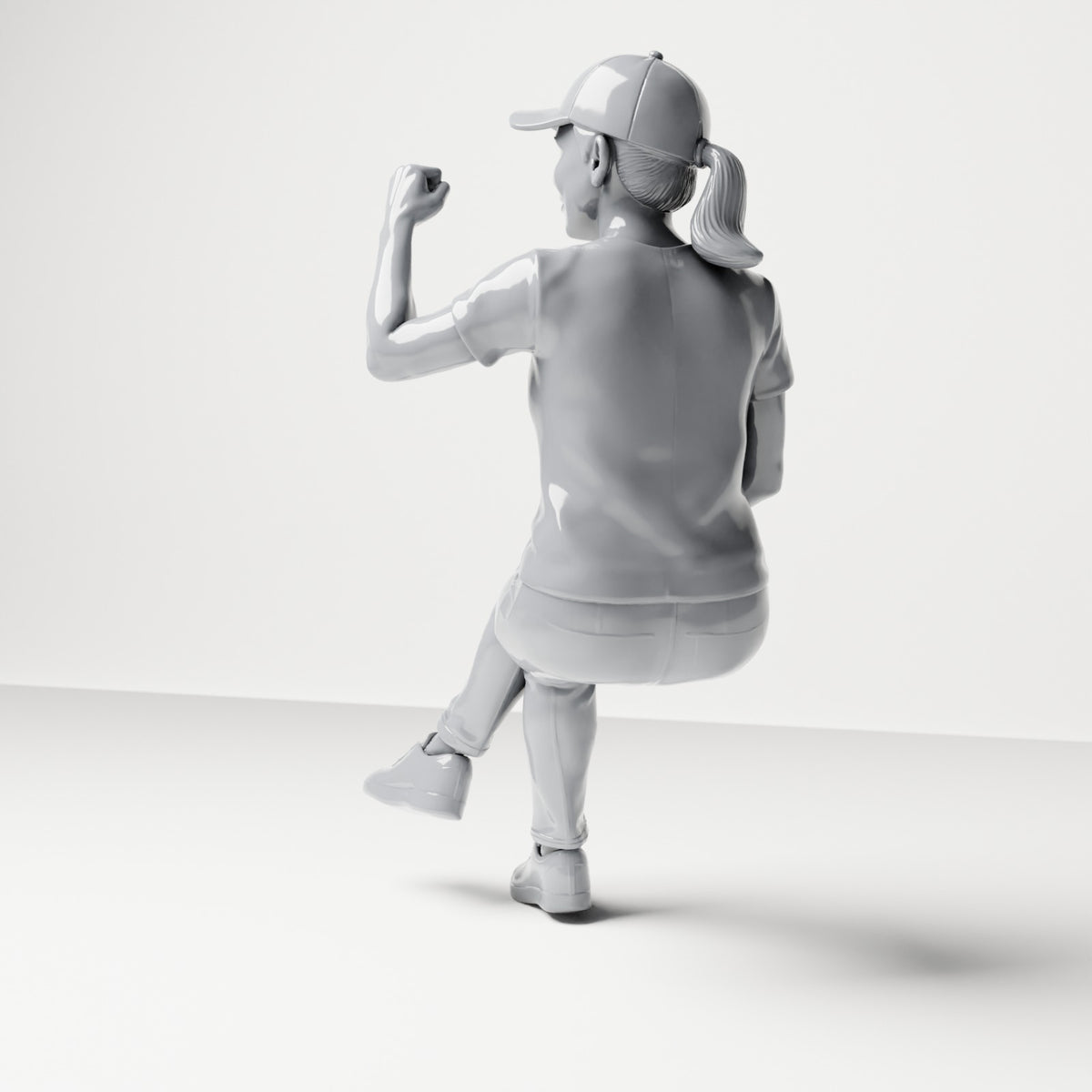 Diorama Modellbau Produktfoto 2: Sitzende Figur: Zuschauerin mit gekreuzten Beinen & erhobener Faust (B057)
