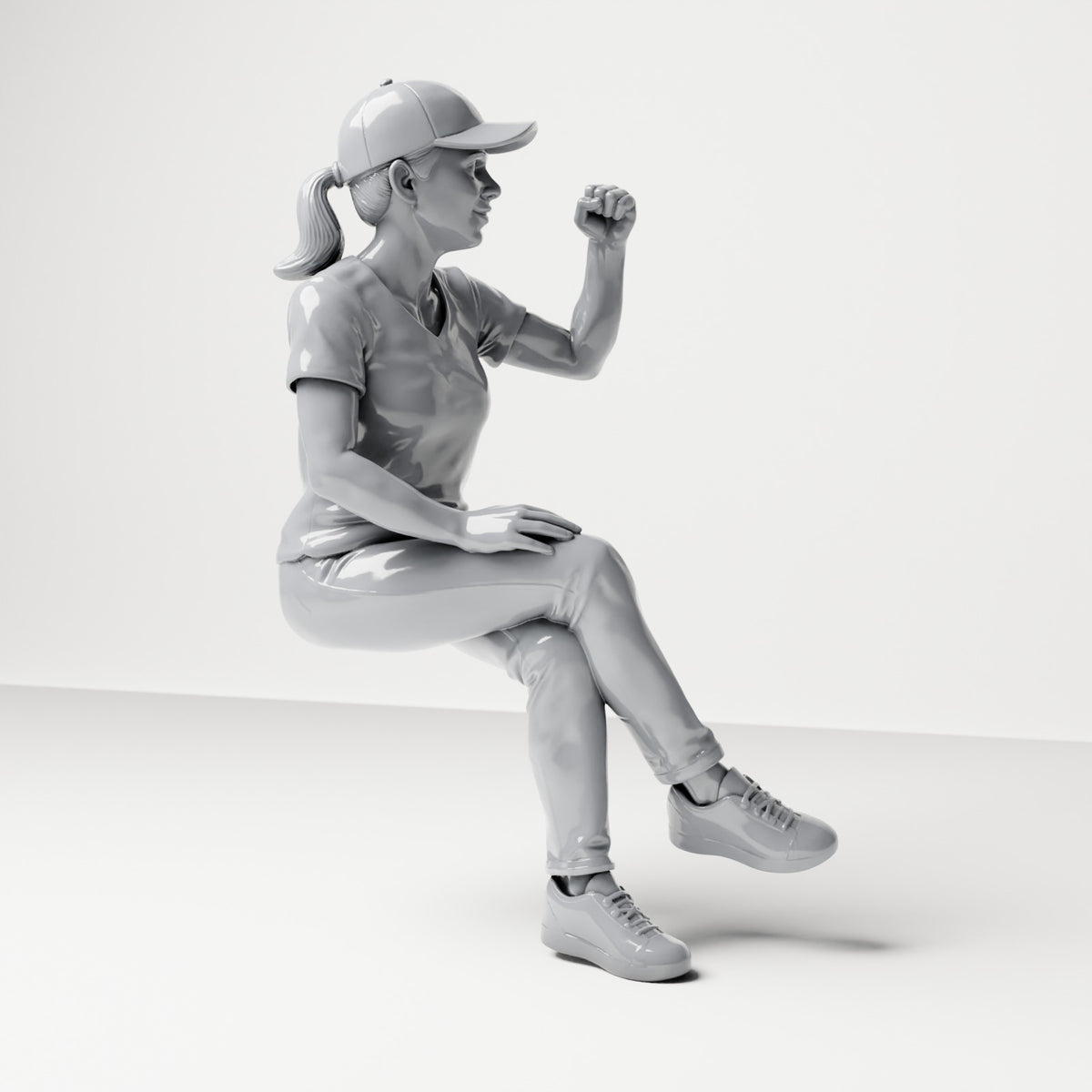 Diorama Modellbau Produktfoto 3: Sitzende Figur: Zuschauerin mit gekreuzten Beinen & erhobener Faust (B057)