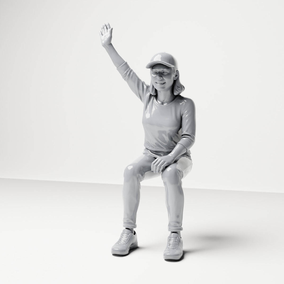 Diorama Modellbau Produktfoto 0: Sitzende Figur: Zuschauerin mit erhobenem Arm (B059)