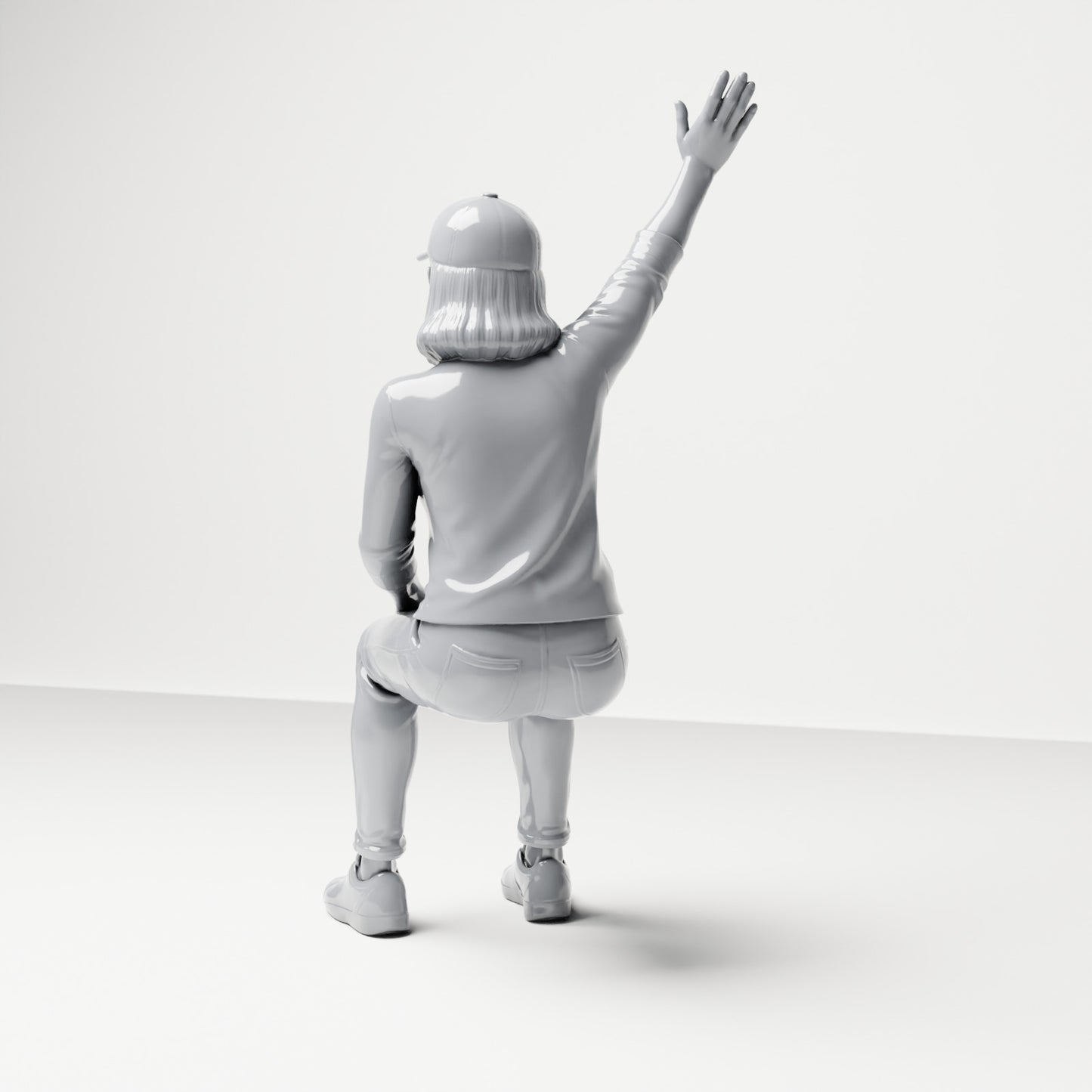 Diorama Modellbau Produktfoto 2: Sitzende Figur: Zuschauerin mit erhobenem Arm (B059)
