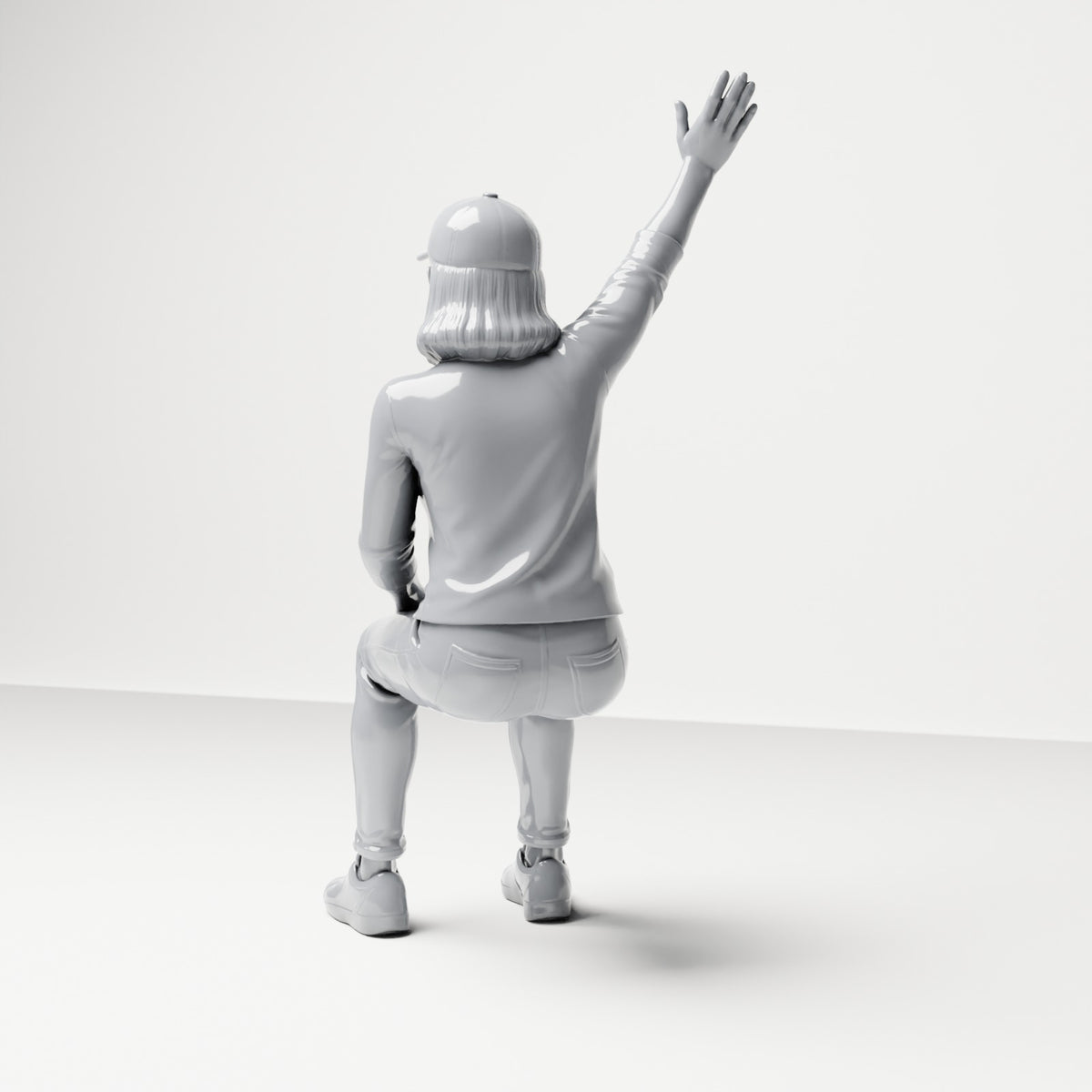 Diorama Modellbau Produktfoto 2: Sitzende Figur: Zuschauerin mit erhobenem Arm (B059)
