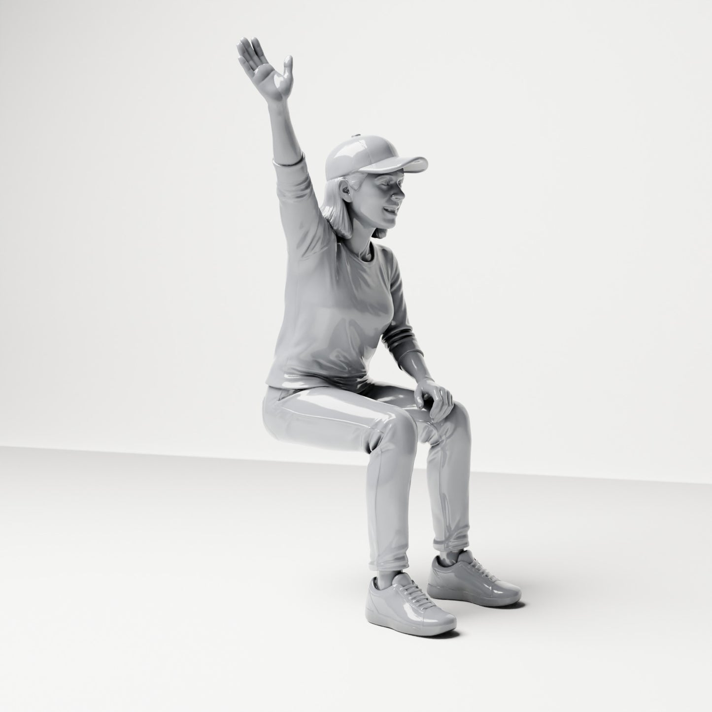 Diorama Modellbau Produktfoto 3: Sitzende Figur: Zuschauerin mit erhobenem Arm (B059)