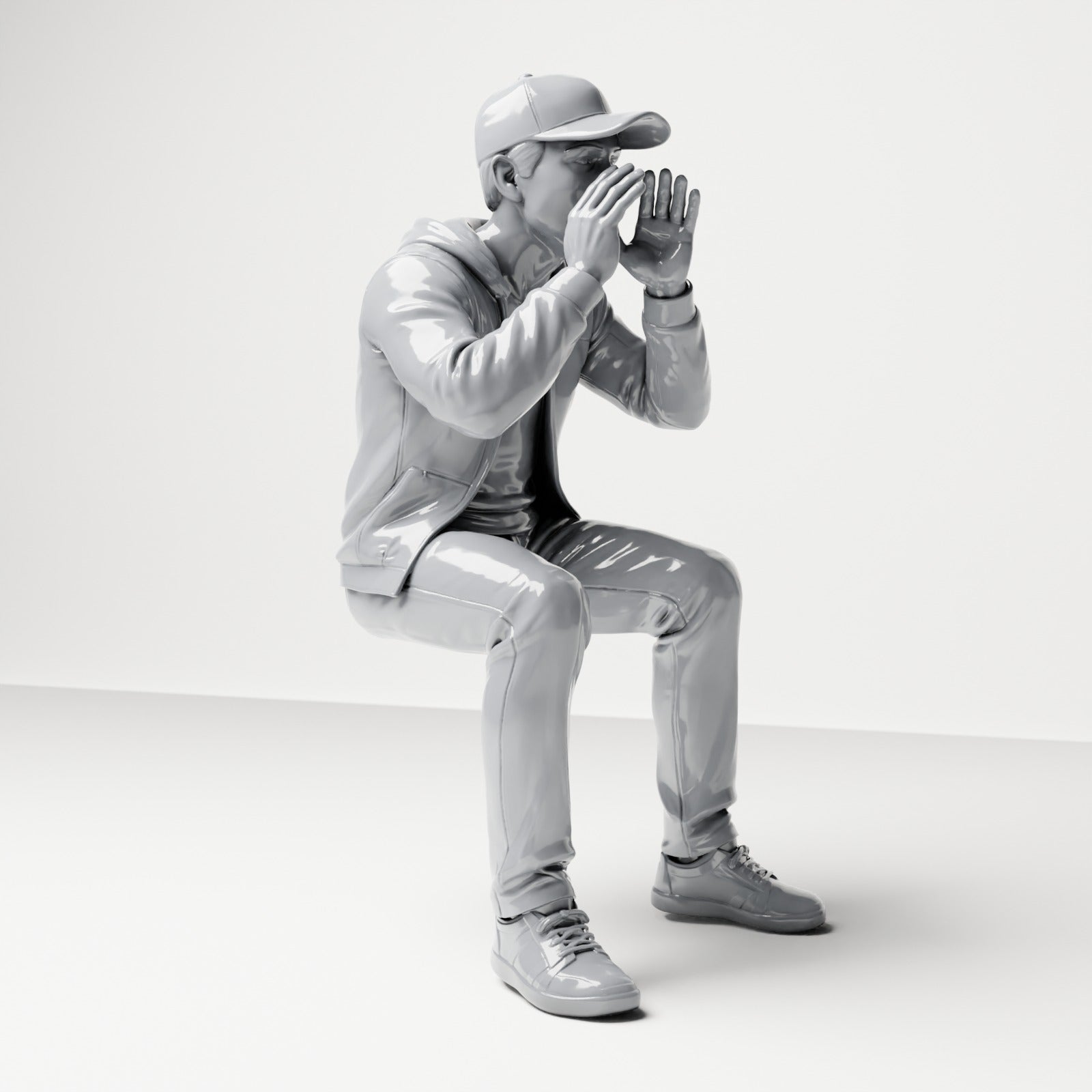 Diorama Modellbau Produktfoto 3: Sitzende Figur: Rufender Zuschauer mit Händen am Mund (B060)