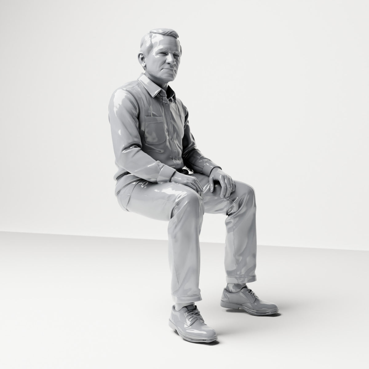 Diorama Modellbau Produktfoto 3: Sitzende Figur: Männlicher Zuschauer mit Händen auf den Oberschenkeln (B061)