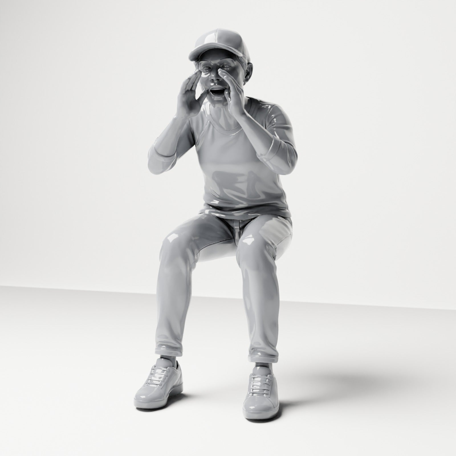 Diorama Modellbau Produktfoto 0: Sitzende Figur: Zuschauer mit Händen am Mund rufend (B062)