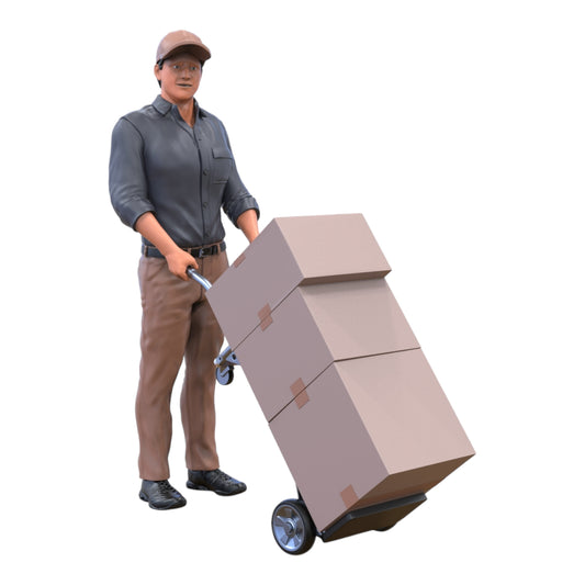 Produktfoto Diorama und Modellbau Miniatur Figur: Paketbote mit Paket und Sackkarre