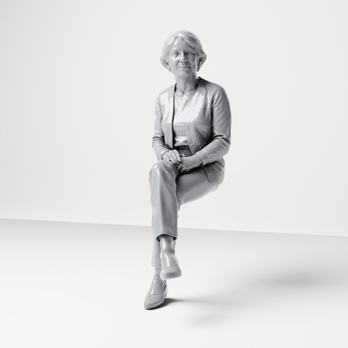 Diorama Modellbau Produktfoto 0: Sitzende Figur: Zuschauerin mit überschlagenen Beinen & gefalteten Händen (B069)