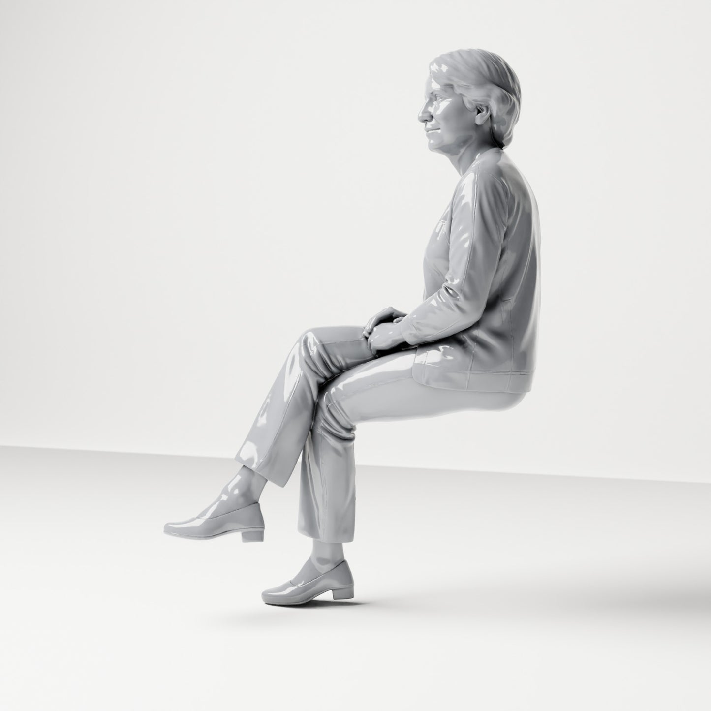 Diorama Modellbau Produktfoto 1: Sitzende Figur: Zuschauerin mit überschlagenen Beinen & gefalteten Händen (B069)