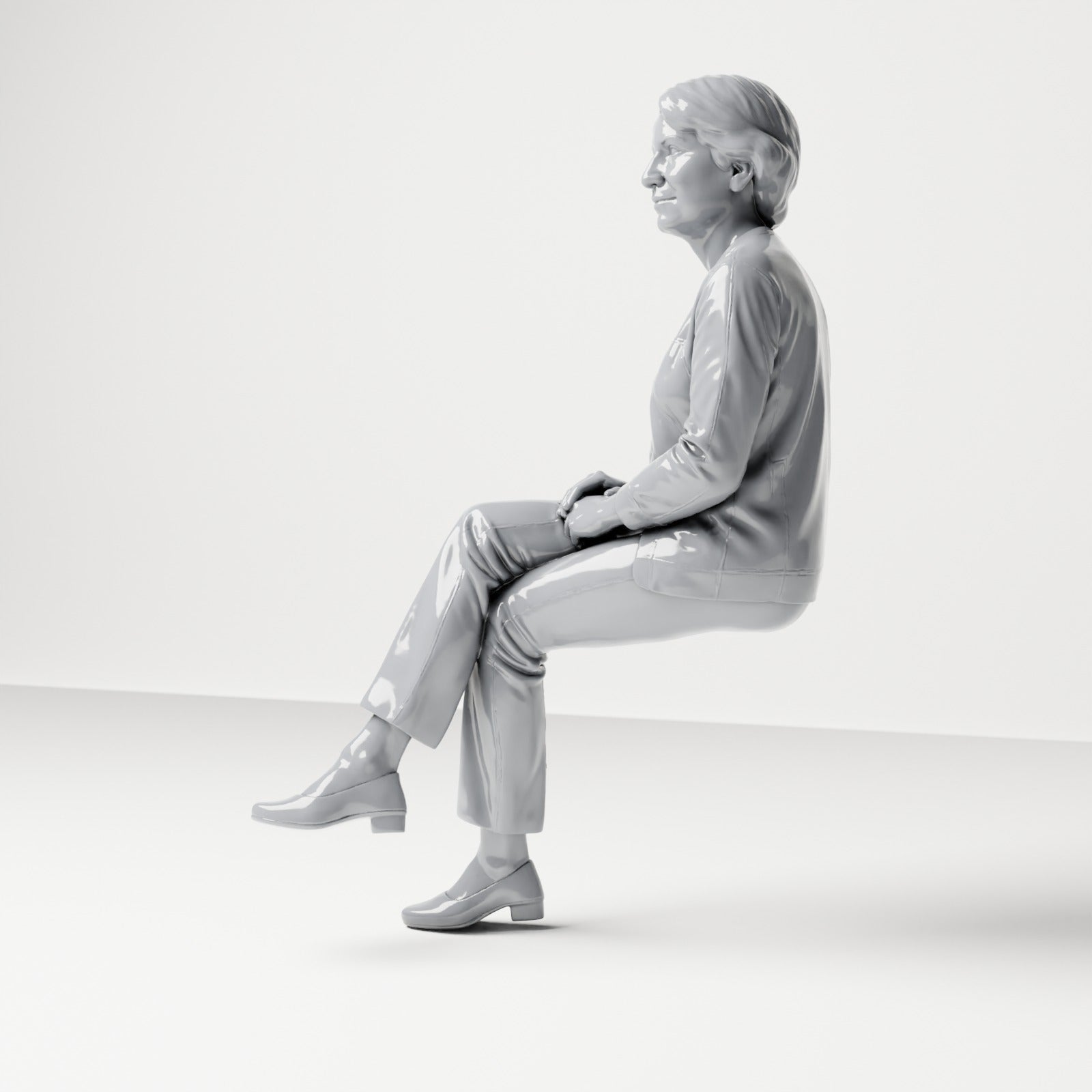 Diorama Modellbau Produktfoto 1: Sitzende Figur: Zuschauerin mit überschlagenen Beinen & gefalteten Händen (B069)