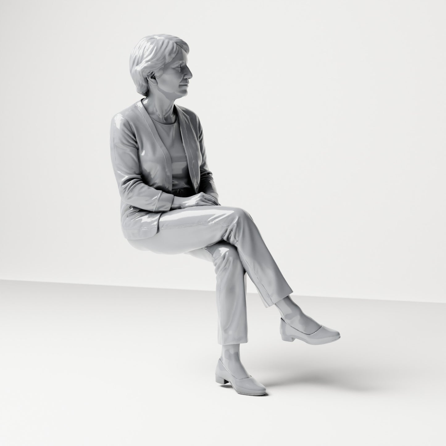 Diorama Modellbau Produktfoto 3: Sitzende Figur: Zuschauerin mit überschlagenen Beinen & gefalteten Händen (B069)