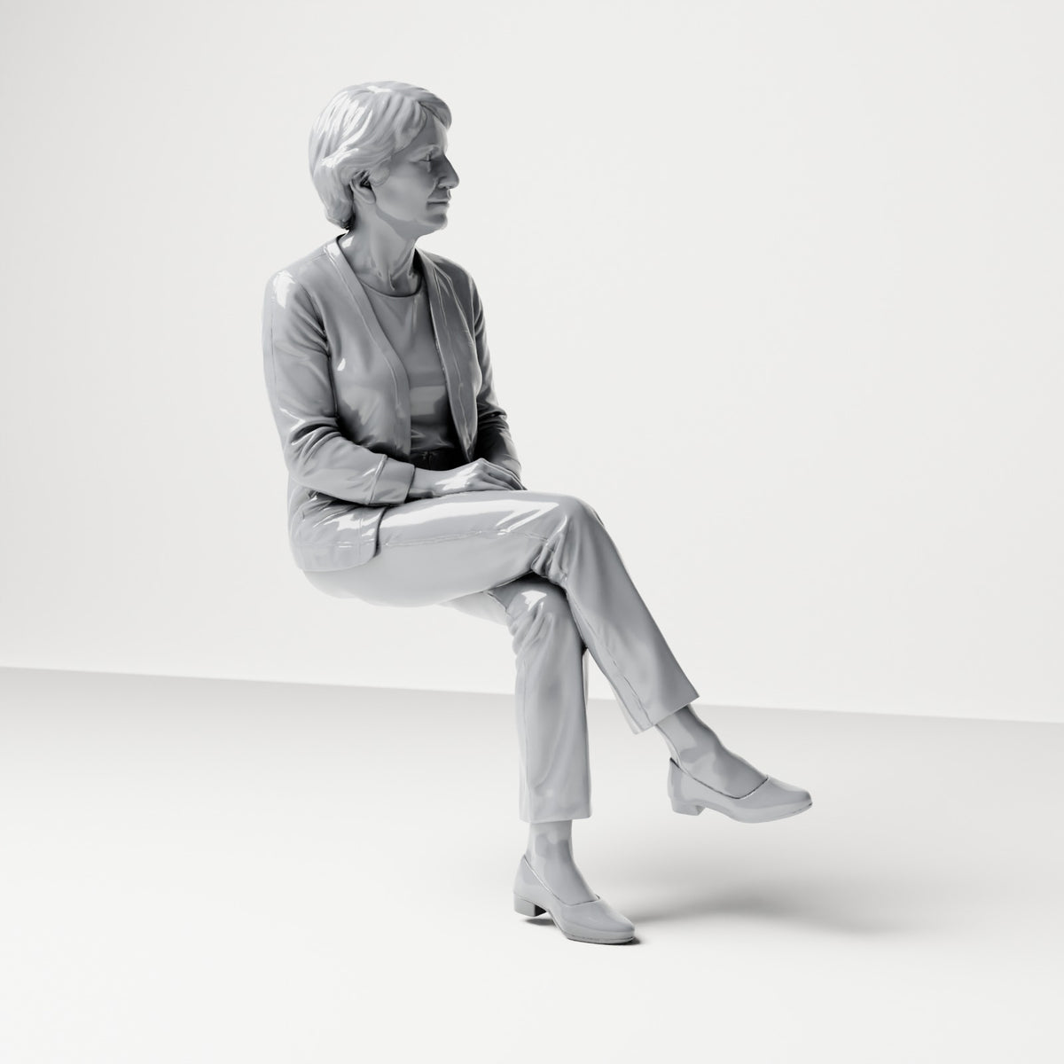 Diorama Modellbau Produktfoto 3: Sitzende Figur: Zuschauerin mit überschlagenen Beinen & gefalteten Händen (B069)