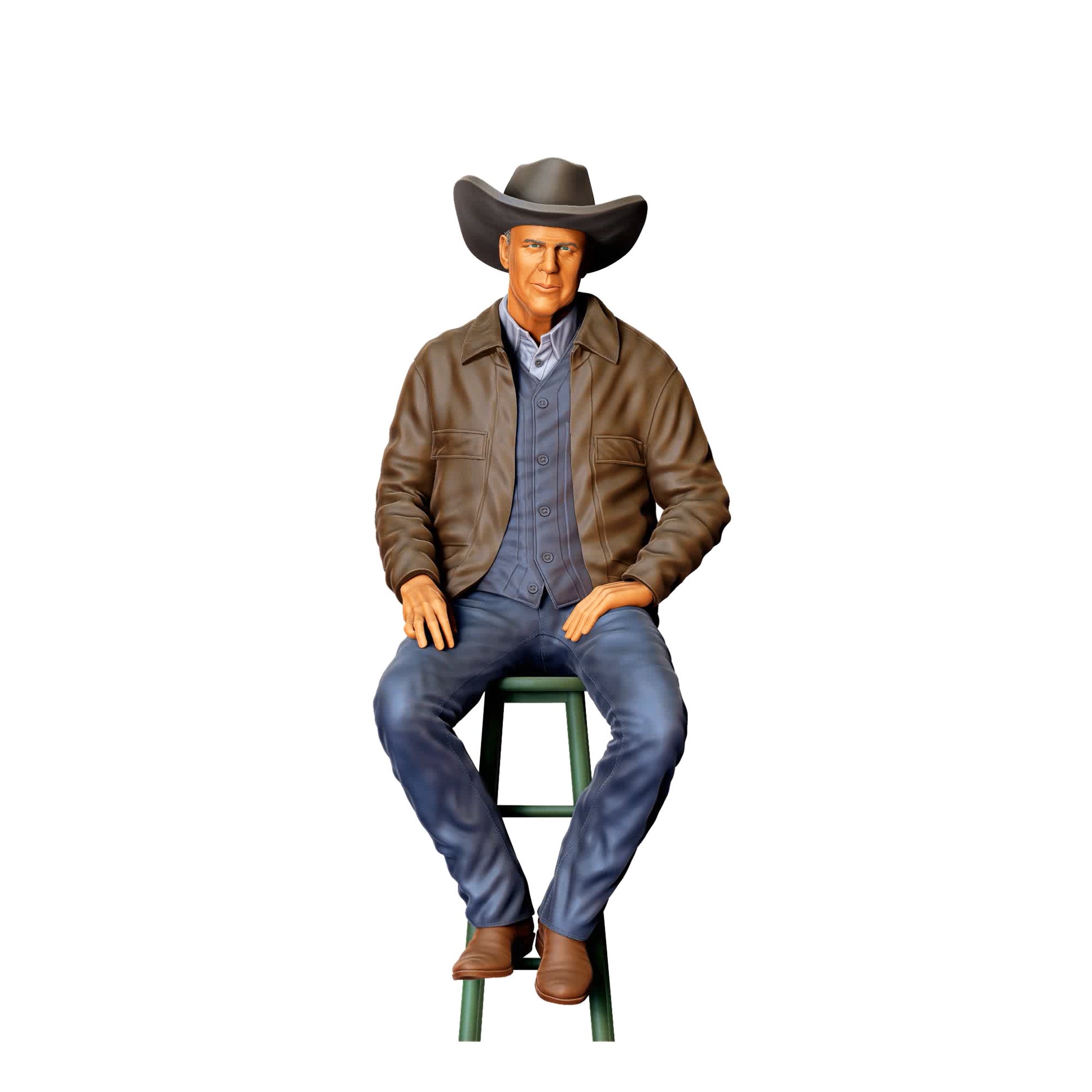 3DP Miniatures 0: Sitzende Figur: Mann mit Cowboyhut auf Hocker (Ref. Nr. 456)