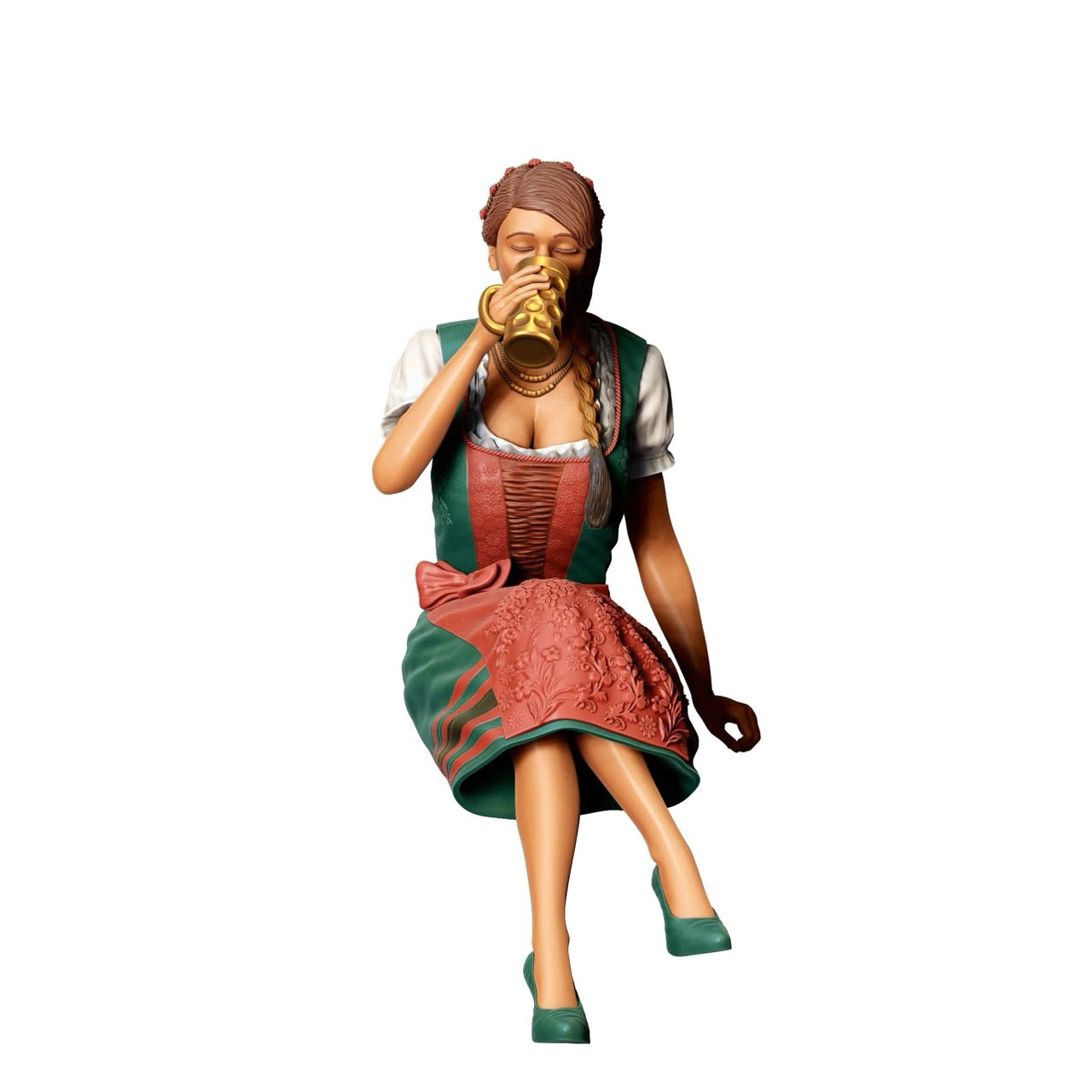 Miniatur Figur Oktoberfest: Wiesen Gäste: Sitzende Frau mit traditionellem Dirndl Outfit und Bier Krug (Nr. 291)