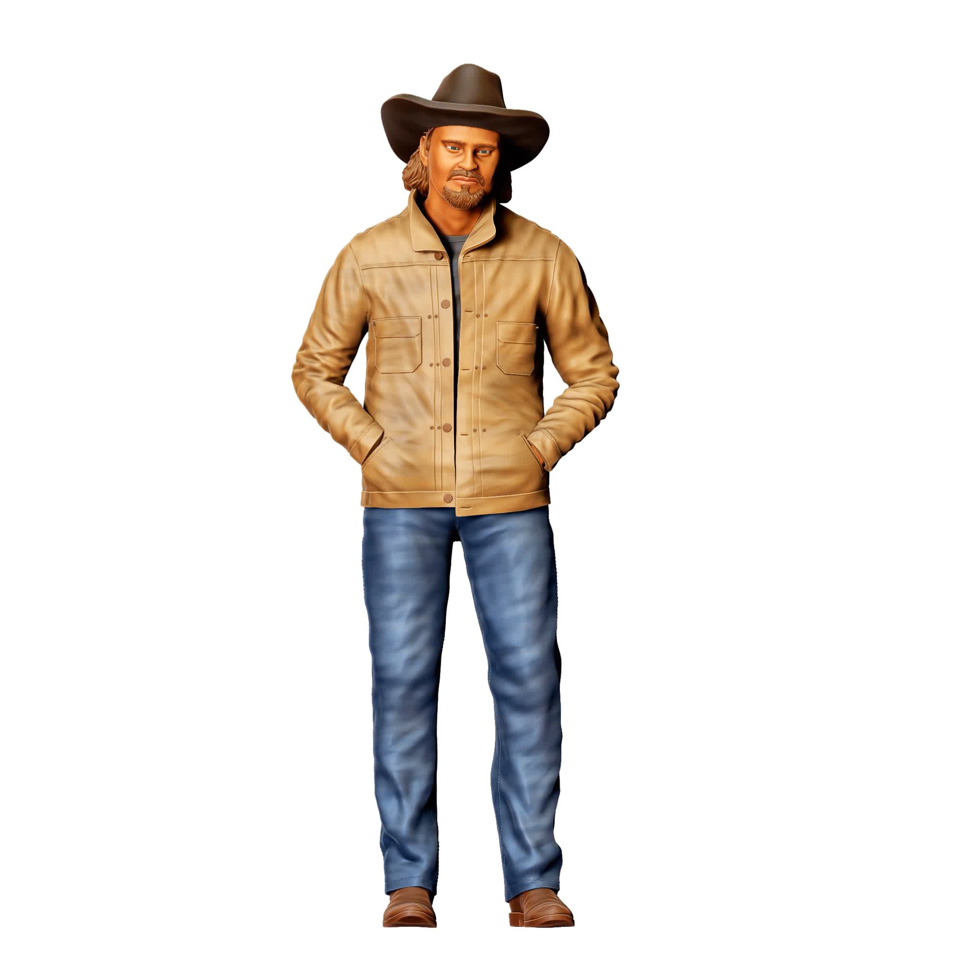 3DP Miniatures 0: Stehende Figur: Cowboy mit Hut, Jacke, Jeans & Stiefeln, Hände in den Jackentaschen (Ref. Nr. 457)