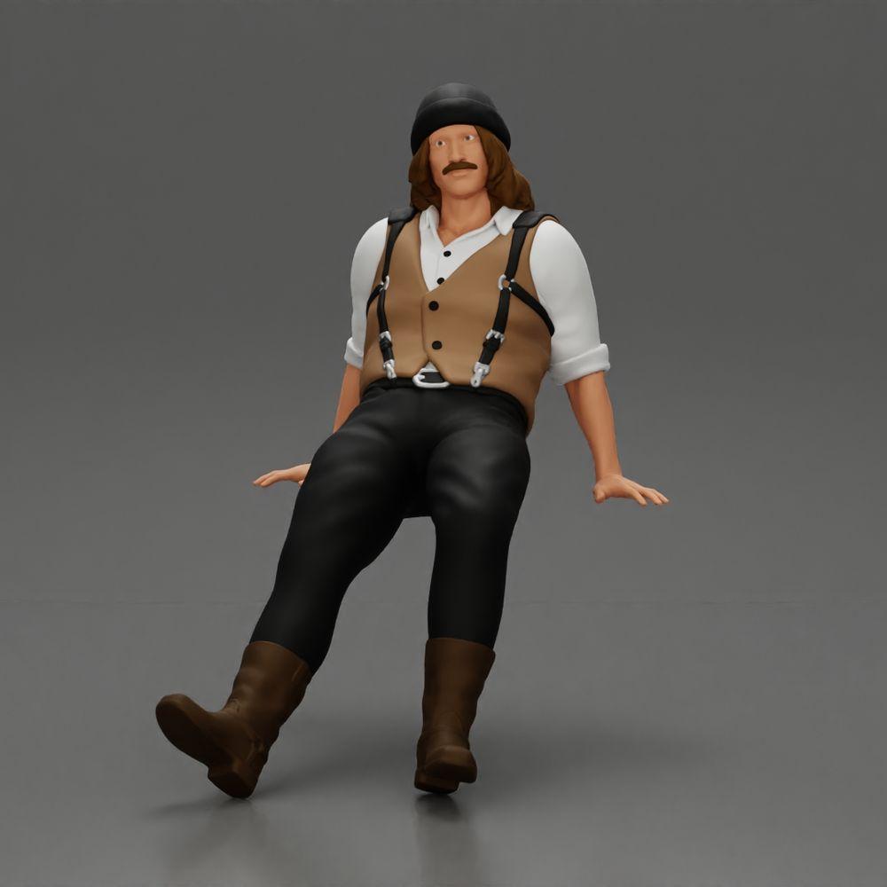 Diorama Modellbau Produktfoto 0: Sitzende Miniaturfigur, Mann in historischer Kleidung mit Mütze und Hosenträgern (Ref Nr. A84)