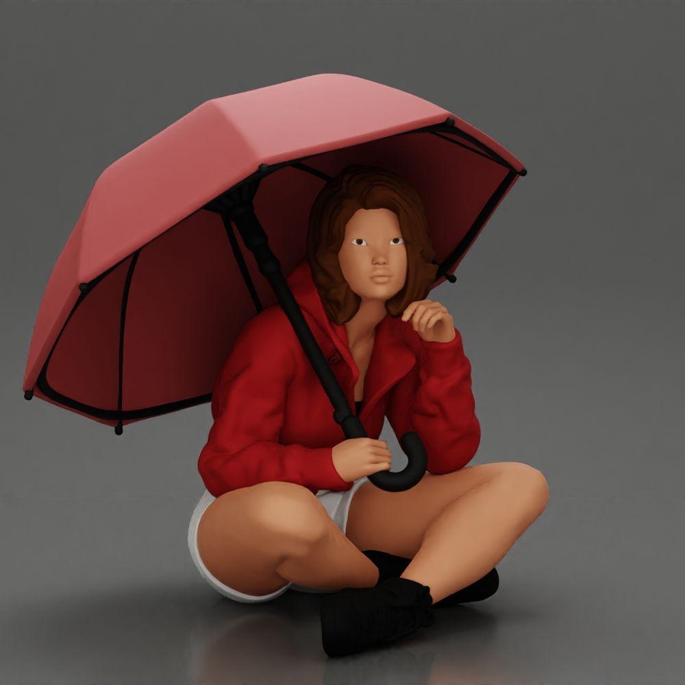 Diorama Modellbau Produktfoto 0: Diorama-Miniatur: Sitzende Frau in Jacke und Shorts mit offenem Regenschirm (Ref Nr. A85)