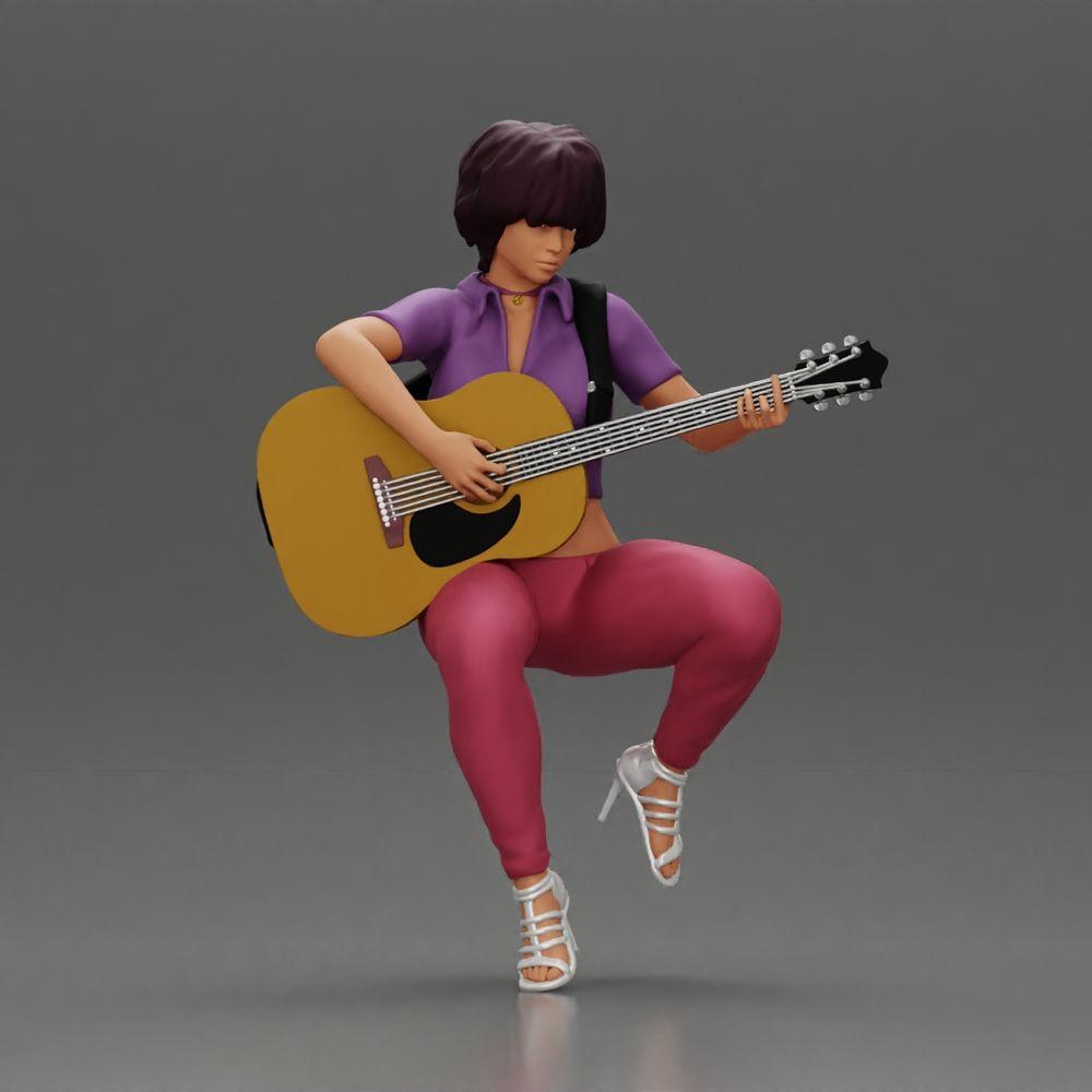 Diorama Modellbau Produktfoto 0: Miniatur: Frau mit Kurzhaar spielt akustische Gitarre Halskette, Riemchensandalen (Ref Nr. A128)