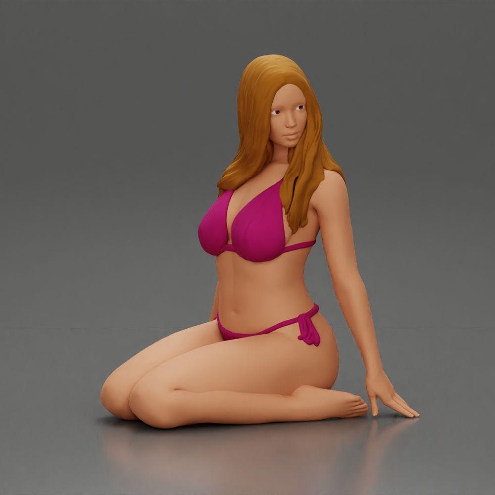 Diorama Modellbau Produktfoto 0: Kniende Miniaturfigur Frau im Bikini, sitzend auf flacher Basis - Strand-Diorama (Ref Nr. A83)