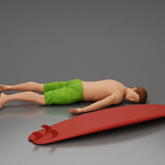 Diorama Modellbau Produktfoto 0: Diorama-Miniatur: Liegende Person bäuchlings neben Surfbrett mit Finnen (Ref Nr. A66)
