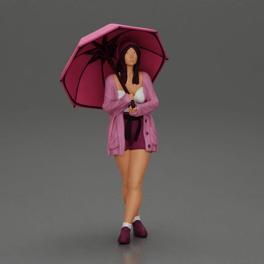 Diorama Modellbau Produktfoto 0: Weibliche Diorama-Figur in offener Strickjacke und kurzen Hosen mit Regenschirm (Ref Nr. A92)