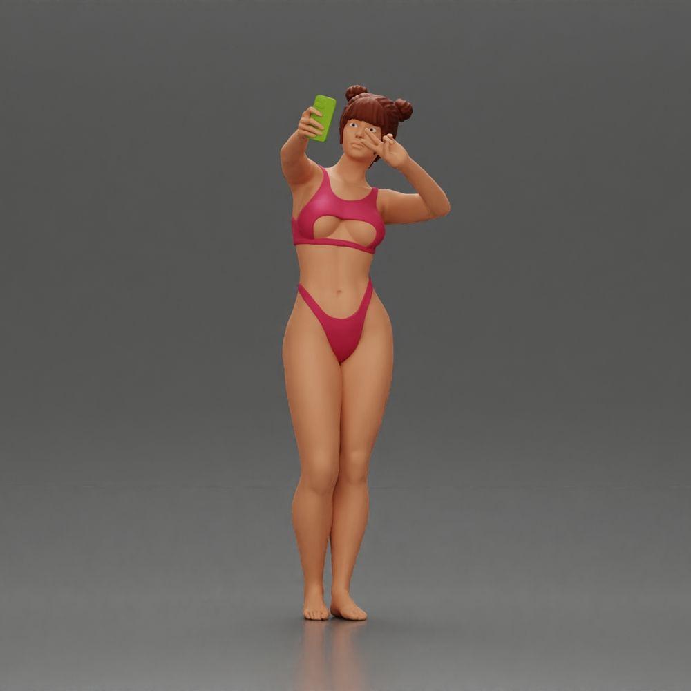 Diorama Modellbau Produktfoto 0: Diorama-Miniatur: Frau im Bikini macht Selfie am Strand, stehende Figur (Ref Nr. A69)