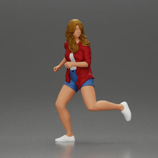 Diorama Modellbau Produktfoto 0: Diorama-Figur: Laufende junge Frau mit offenem Hemd & Shorts, entschlossen (Ref Nr. A102)