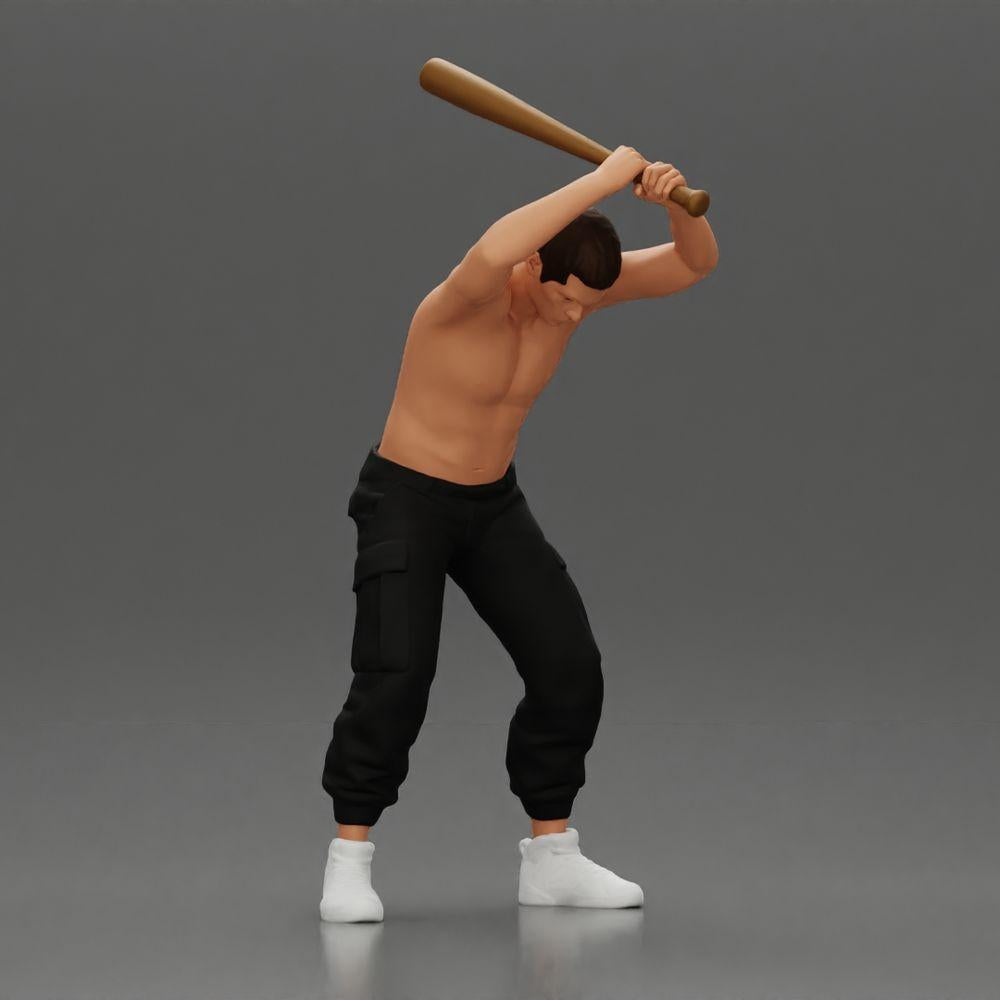 Diorama Modellbau Produktfoto 0: Stehende, oberkörperfreie Miniatur mit erhobenem Baseballschläger, aggressive Pose (Ref Nr. A89)