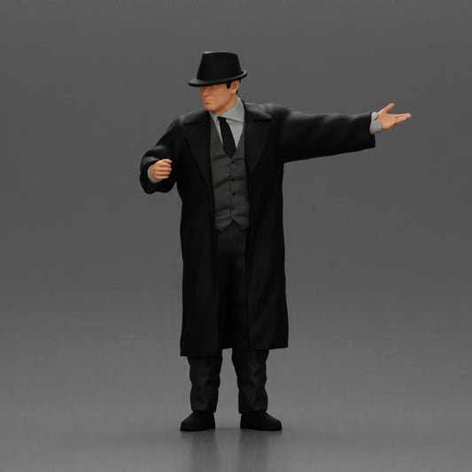 Diorama Modellbau Produktfoto 0: Diorama-Miniatur: Mafioso im Anzug und Mantel mit Hut, gestikulierend (Ref Nr. A94)