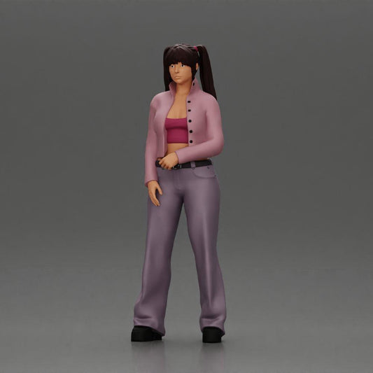 Diorama Modellbau Produktfoto 0: Diorama-Miniatur: Chola-Mädchen mit Zöpfen, Jacke, Top, Gürtel & Schlaghose (Ref Nr. A79)
