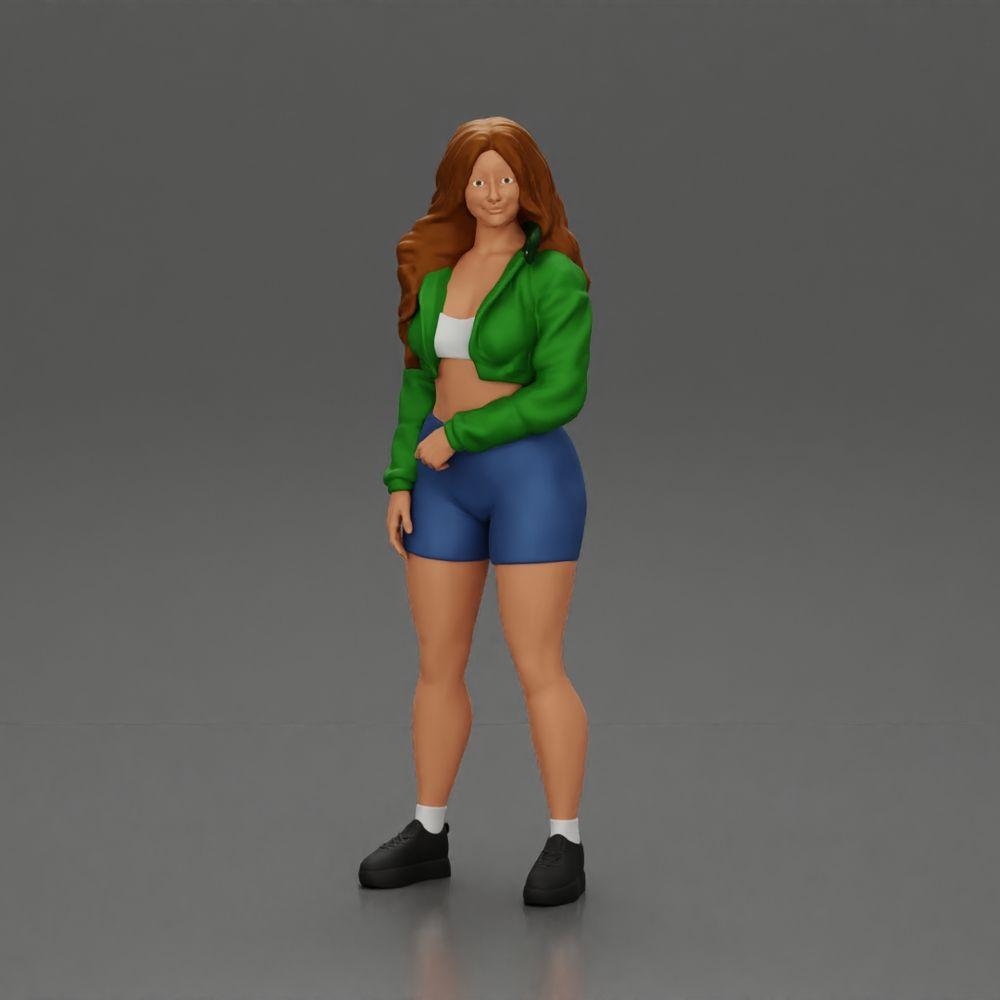 Diorama Modellbau Produktfoto 0: Miniaturfigur: Sportliches Mädchen stehend mit Kurzjacke, Shorts und Sneakern (Ref Nr. A74)