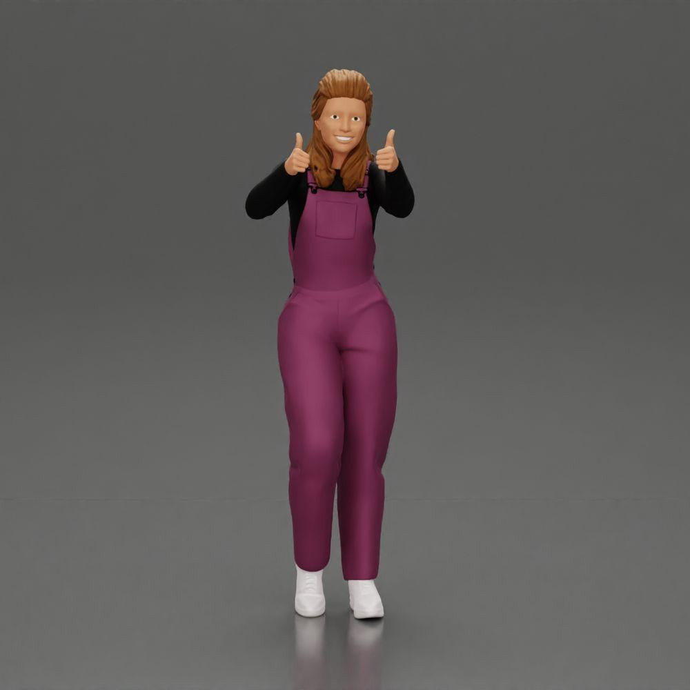 Diorama Modellbau Produktfoto 0: Stehendes, lächelndes Mädchen in Latzhose, beide Daumen hoch - Diorama-Figur (Ref Nr. A82)