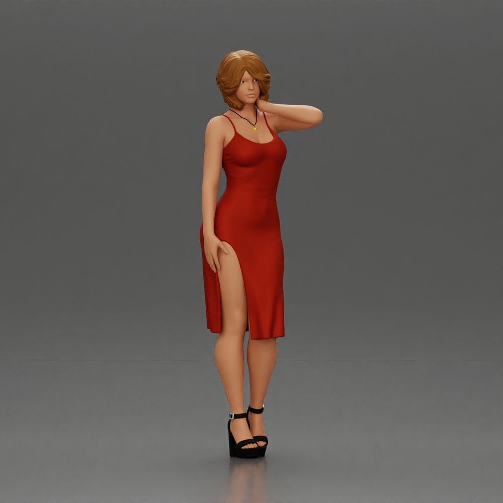 Diorama Modellbau Produktfoto 0: Weibliche Diorama-Figur im Mini-Kleid, kurzes Haar, Hand am Hals, Halskette (Ref Nr. A99)